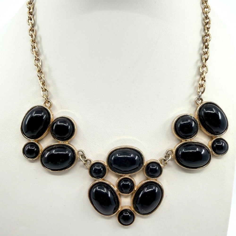 Vintage‎ Gold Tone Black Acrylic Cabochon Bib Statement Necklace Bold Chunky Y2K